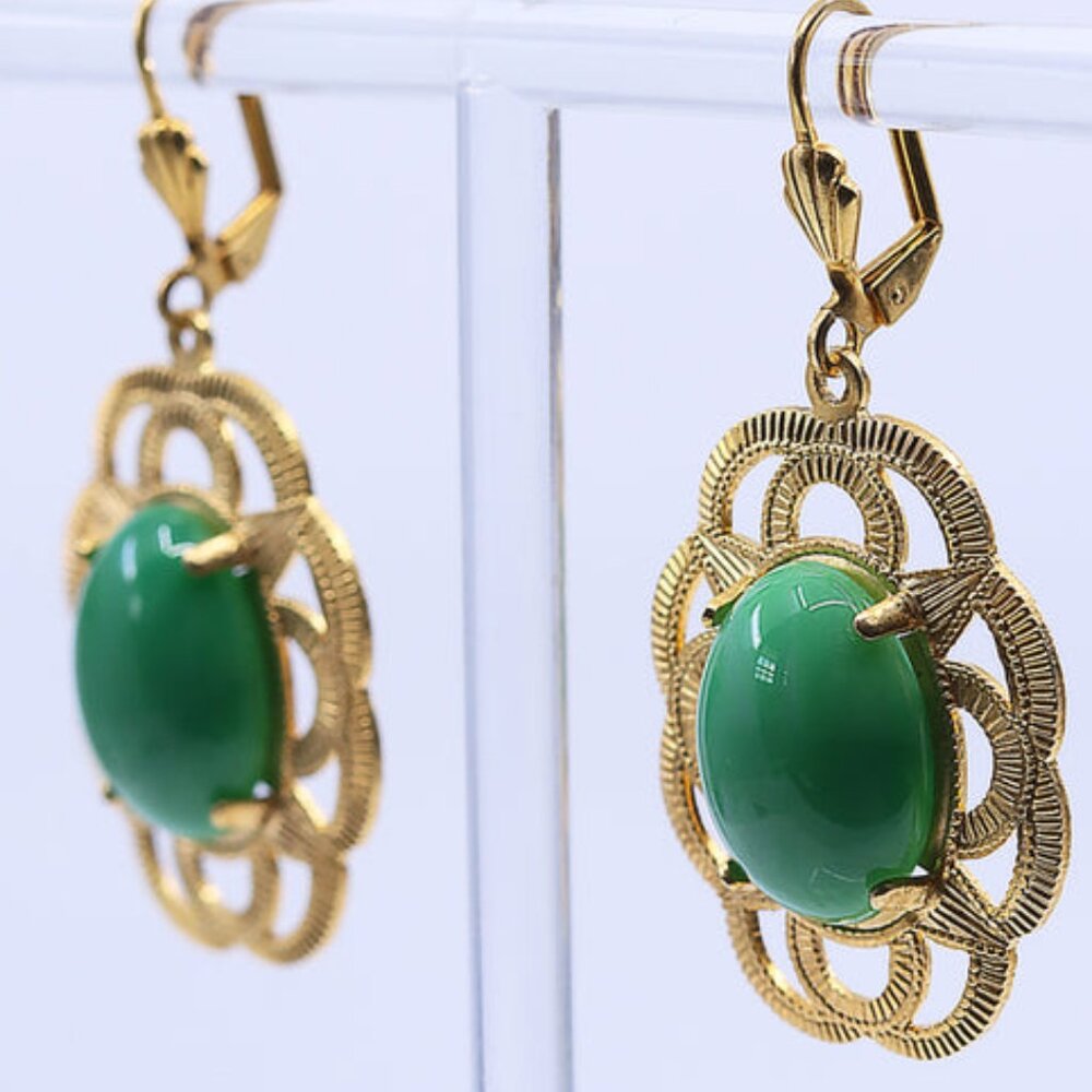 NWT 24kt Gold-Plated Gold and Green Magnolia Statement Earrings - Picture 3 of 5
